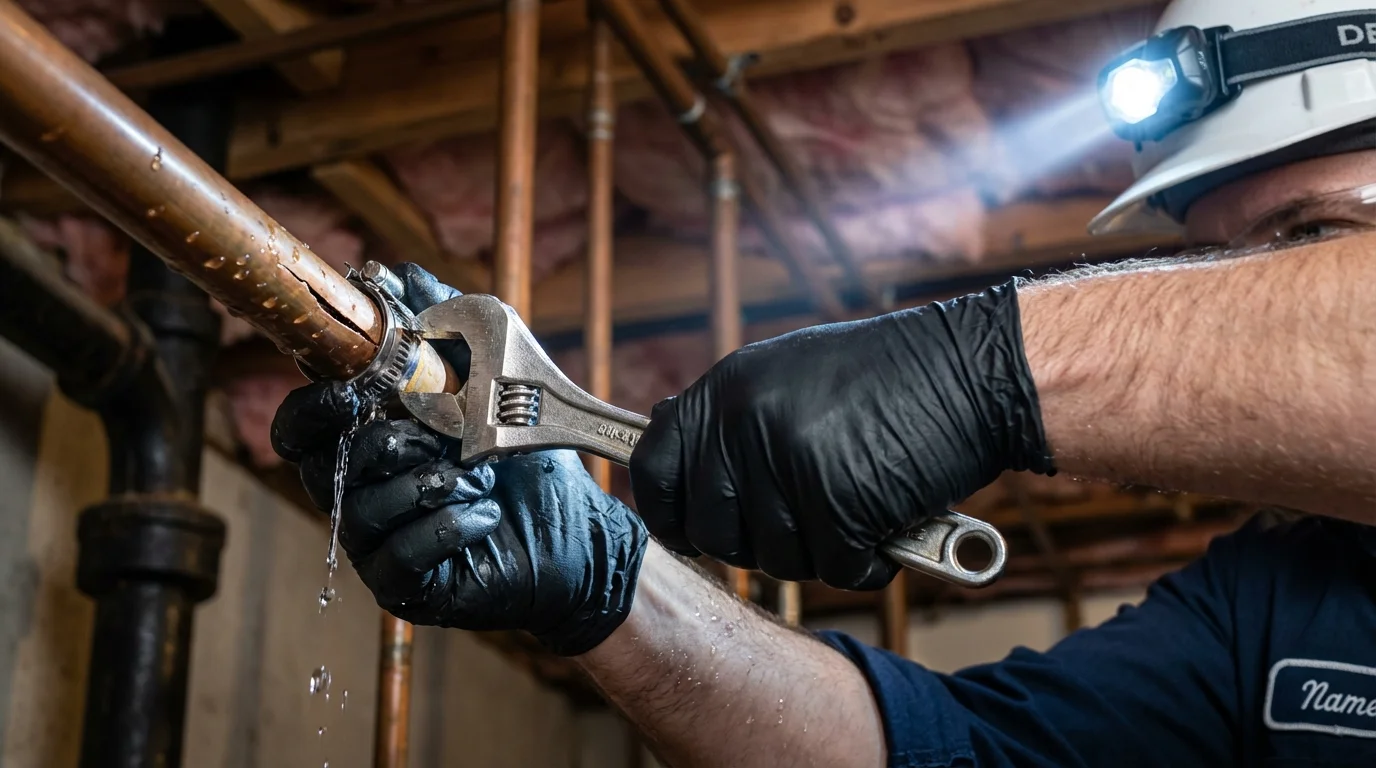 Emergency pipe clamp repair being performed by a Johns Plumbing LLC plumber in Travelers Rest