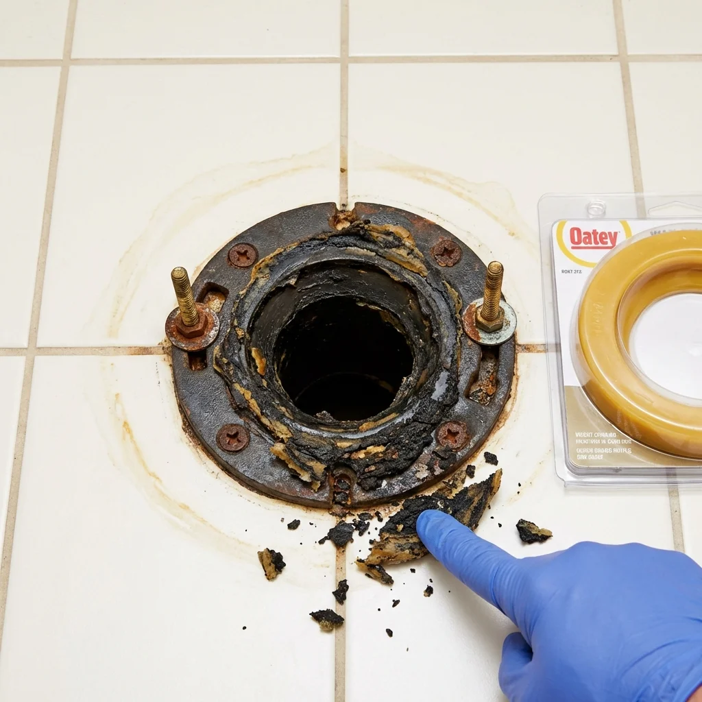 Failed wax ring showing water seepage at the base of a toilet in a Travelers Rest, SC home