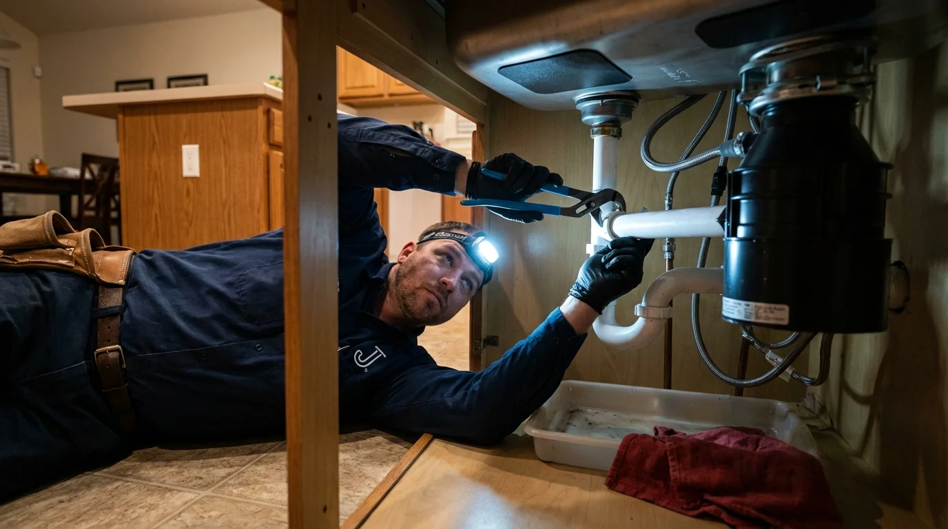 P-trap and supply line connections under a kitchen sink showing a common leak point in Travelers Rest, SC